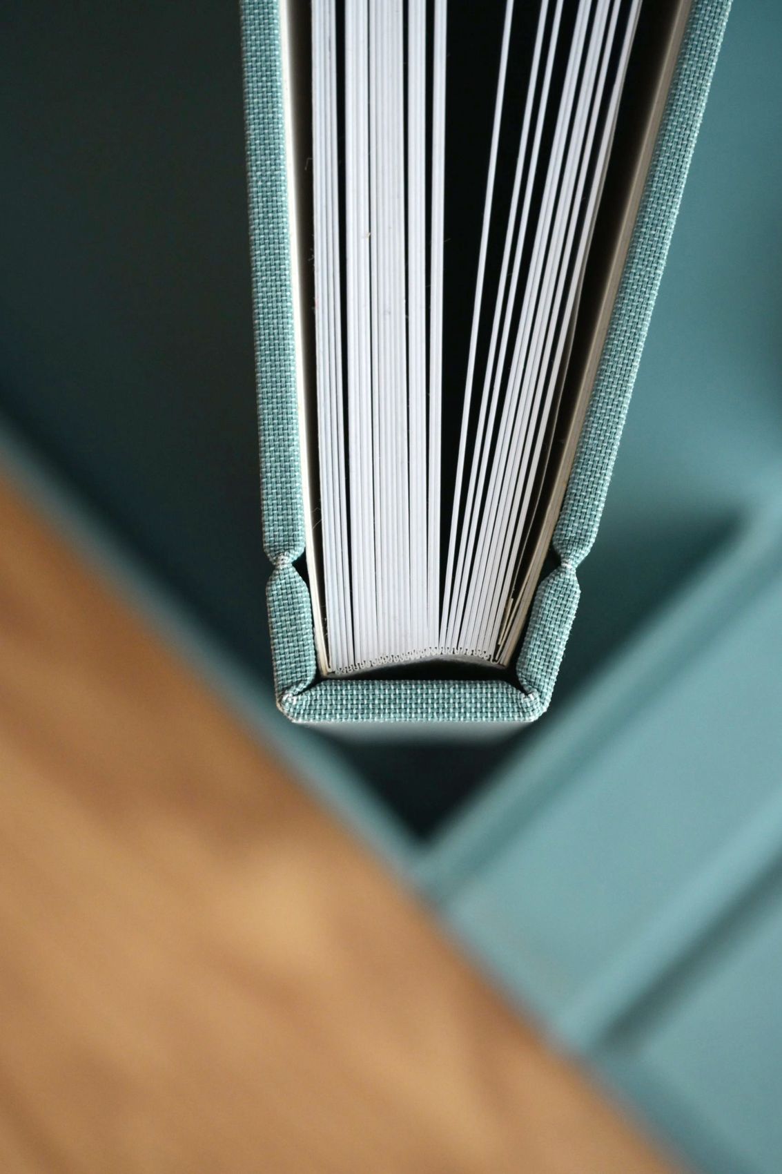Close-up of the linen-covered spine and page block