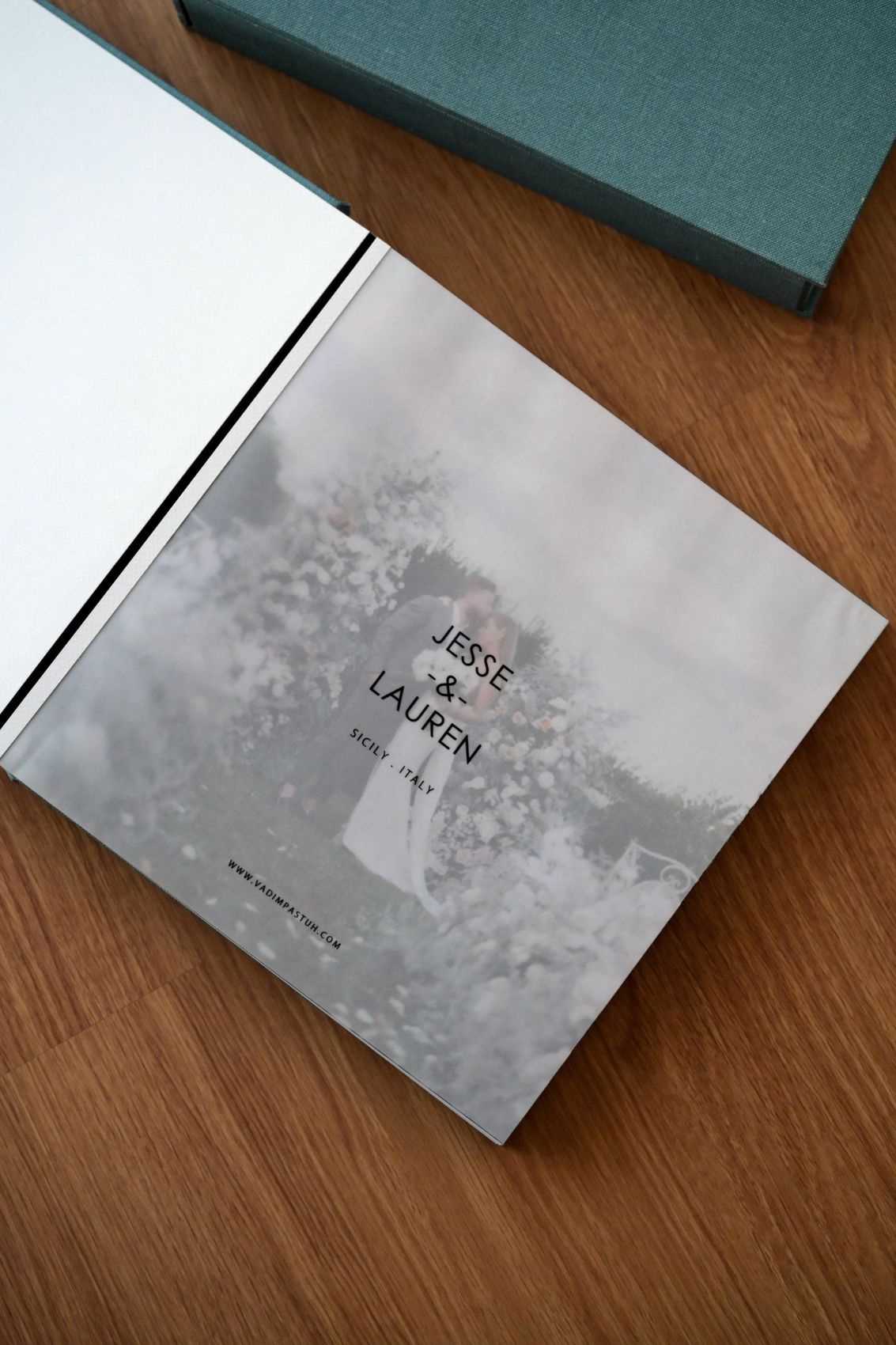 Translucent vellum title page over a wedding photograph