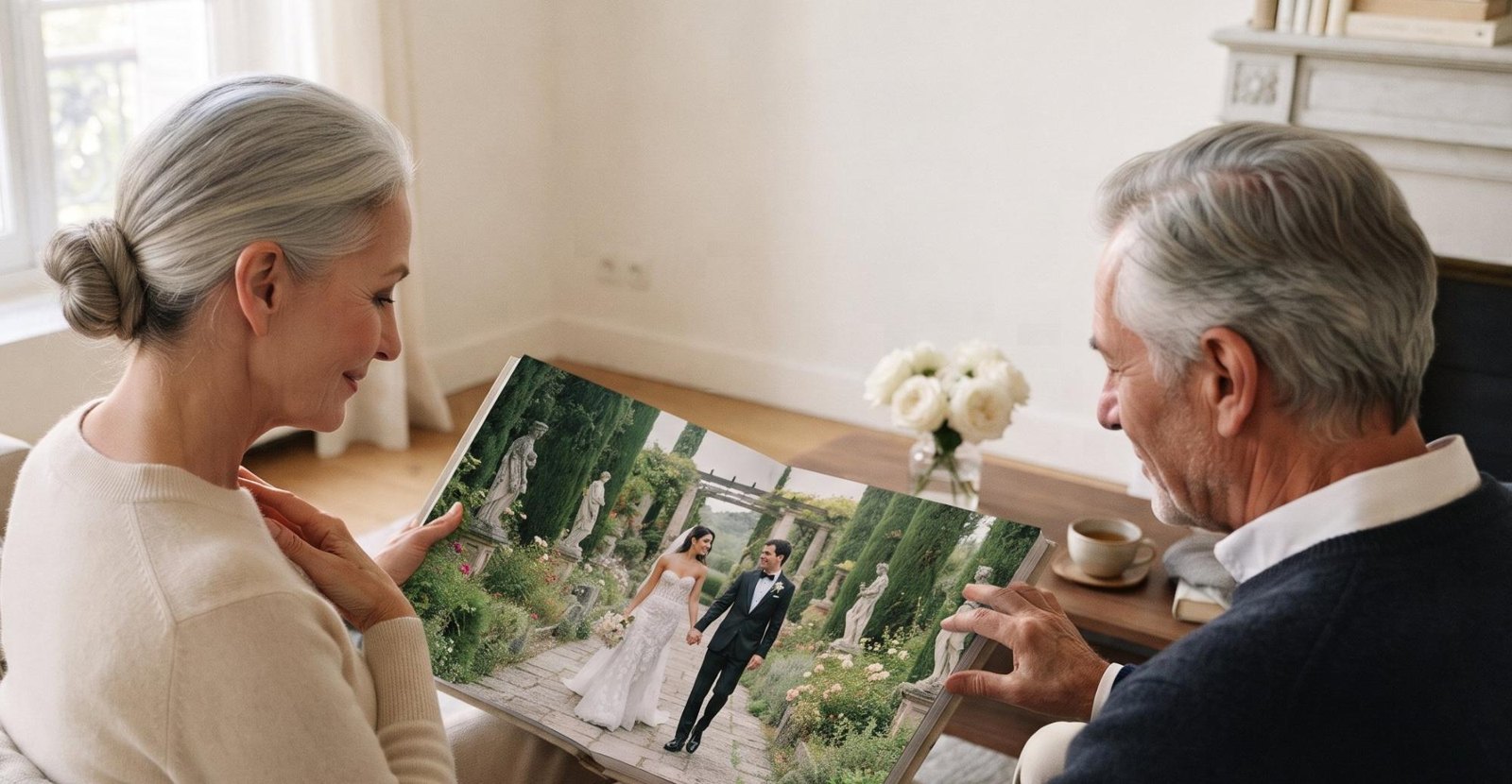 An older couple looking through a wedding album together on the sofa